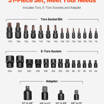 Torx Bit Socket And External Torx Socket Set, 31-Piece