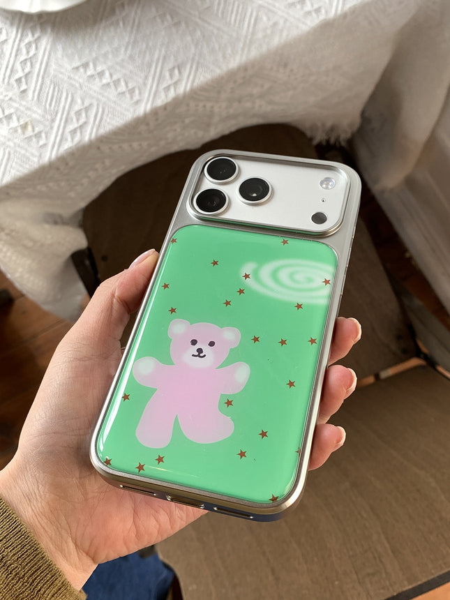 Green And Pink Little Bear Phone Case With A Silver-Plated