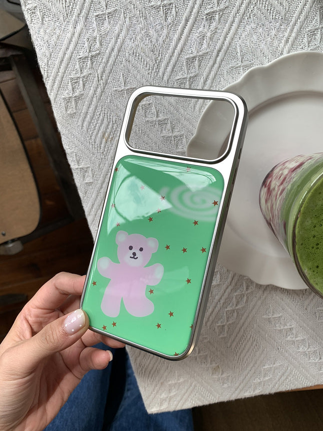 Green And Pink Little Bear Phone Case With A Silver-Plated