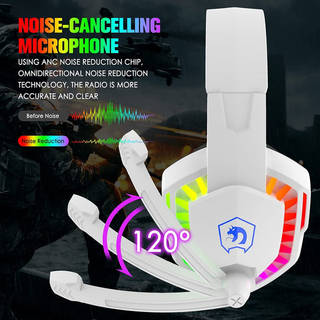 Gaming Headset Wired RGB LED Microphone PS4 Xbox PC White