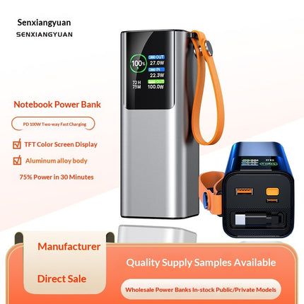 High-power Portable Charger With Retractable Cable Fast Charging Tft Color Displ