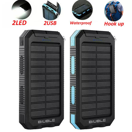 Solar Power Bank Waterproof 2USB LED Battery Charger For
