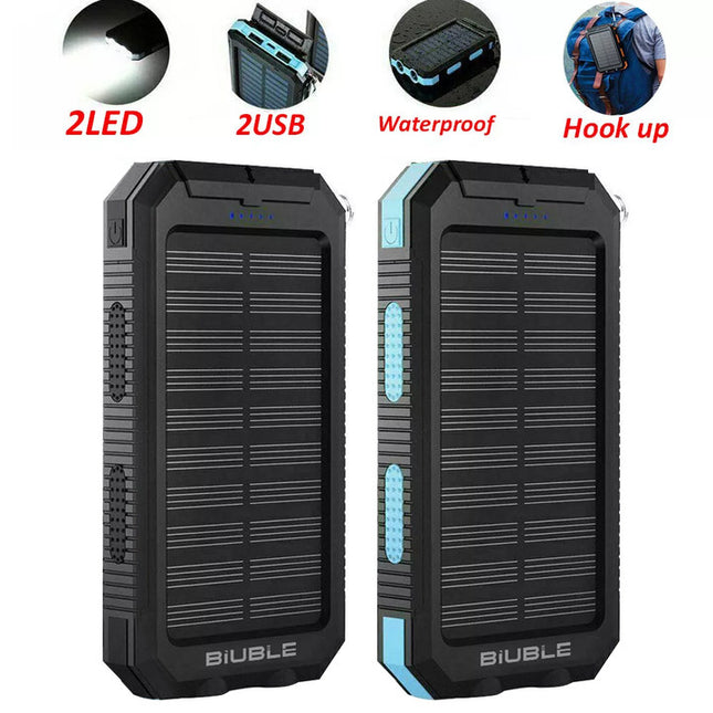 Solar Power Bank Waterproof 2USB LED Battery Charger For
