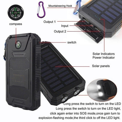 Solar Power Bank Waterproof 2USB LED Battery Charger For