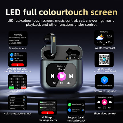 TWS Screen Display Wireless Active ANC Noise-canceling Earbuds, Smart Touch Screen Wireless Earbuds, Noise-canceling Wireless Earphones, Long Battery Life, Built-in SD Card With MP3 Playback