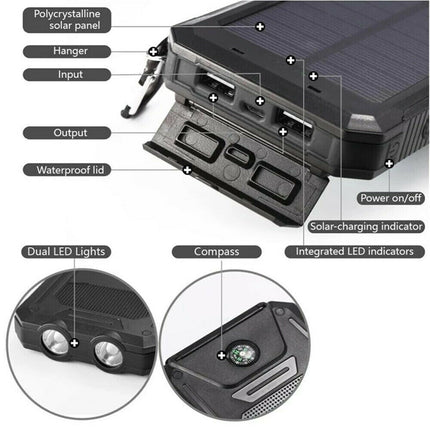 Solar Power Bank Waterproof 2USB LED Battery Charger For
