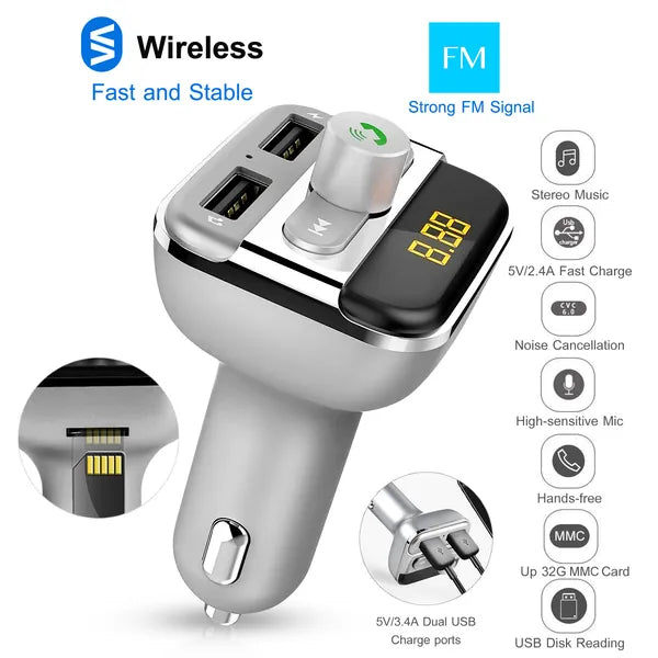 Car FM Transmitter 3.4A Dual USB Bluetooth Hands-Free MP3 Player