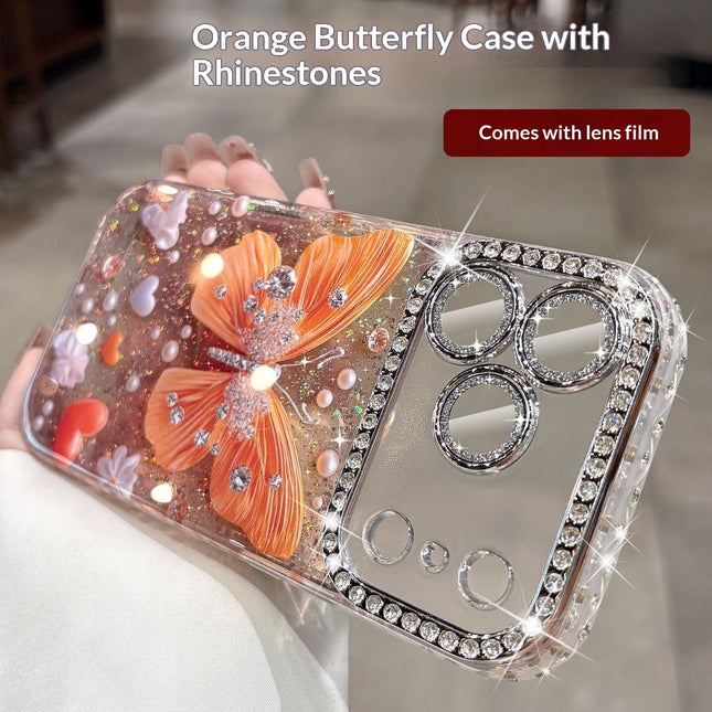 Rhinestone Butterfly Phone Case With Glitter Lens Protector Full-body Coverage
