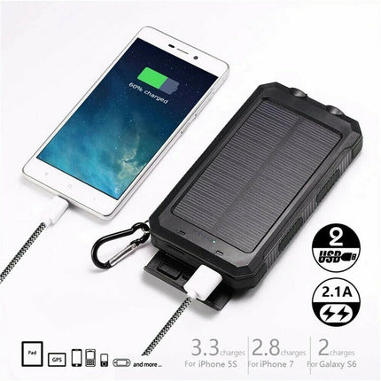 O000000mAh Solar Power Bank Waterproof 2USB LED Battery